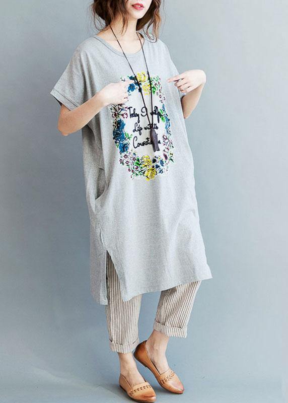 Fine Gray Side Open Letter O Neck Holiday Cotton Dress - SooLinen