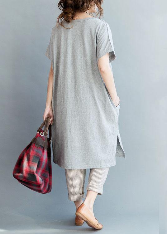 Fine Gray Side Open Letter O Neck Holiday Cotton Dress - SooLinen