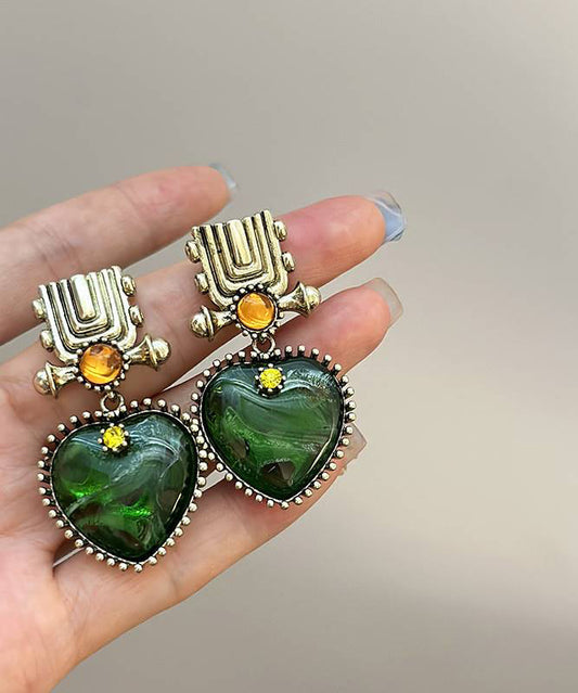 Pendientes colgantes con gemas de aleación verde fina y forma de corazón