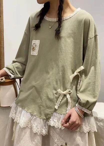 Feines grünes asymmetrisches Patchwork-Sweatshirt aus Baumwolle