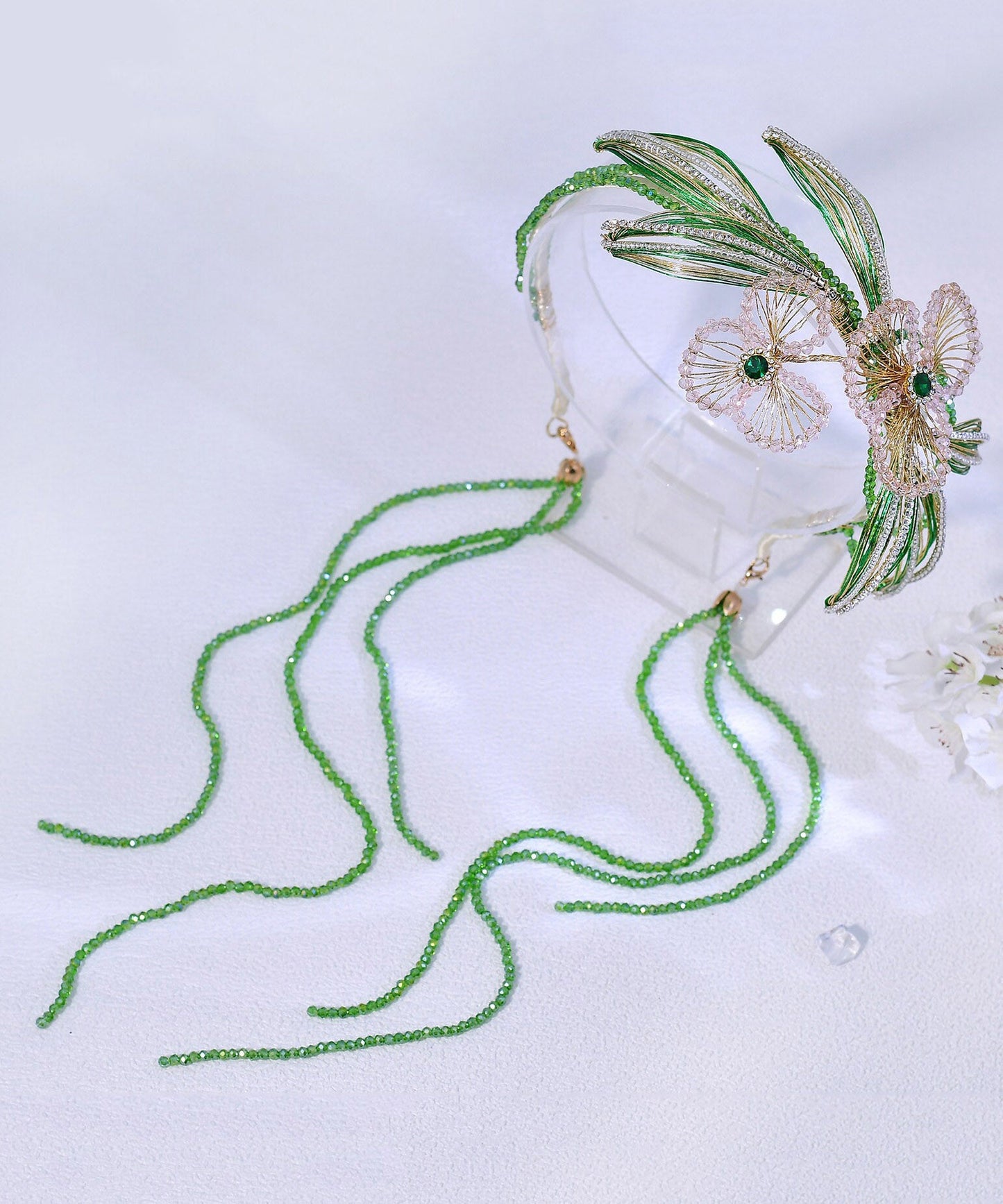 Fine Green Crystal Zircon Floral Beading Tassel HairPiece