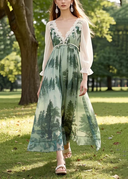Fine Green Forest Print Chiffon Long Dresses Summer