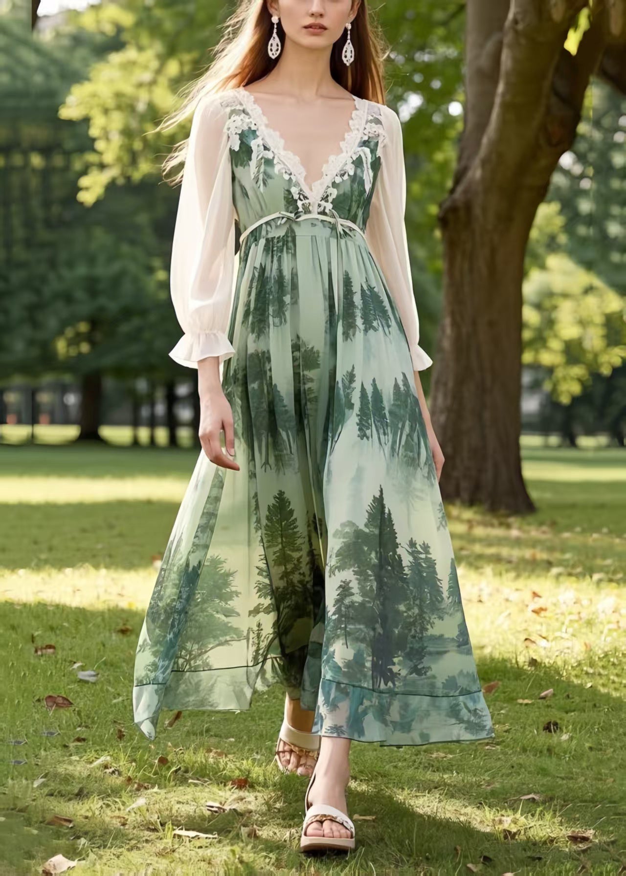 Fine Green Forest Print Chiffon Long Dresses Summer