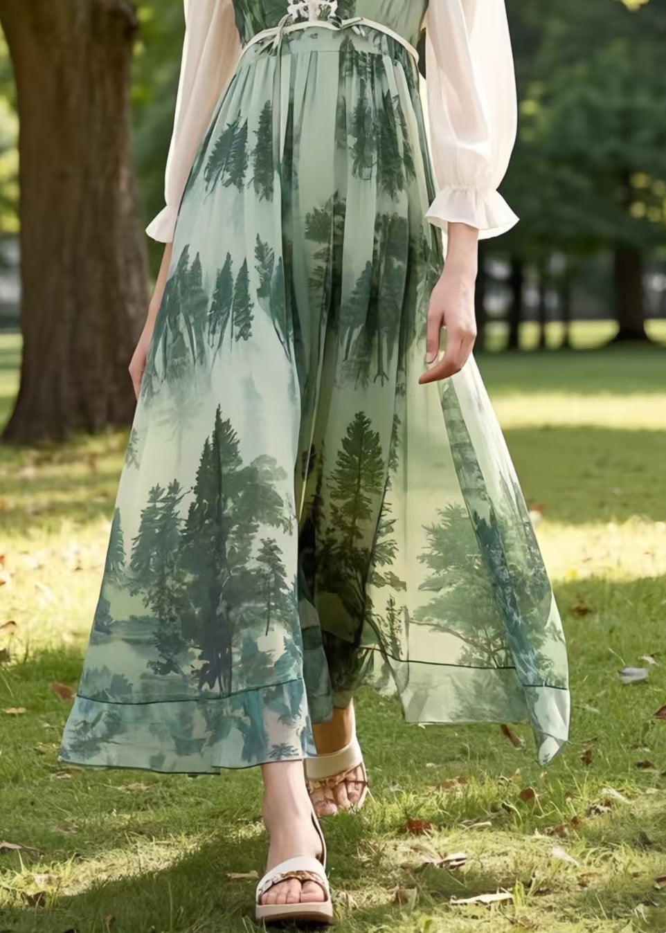Fine Green Forest Print Chiffon Long Dresses Summer
