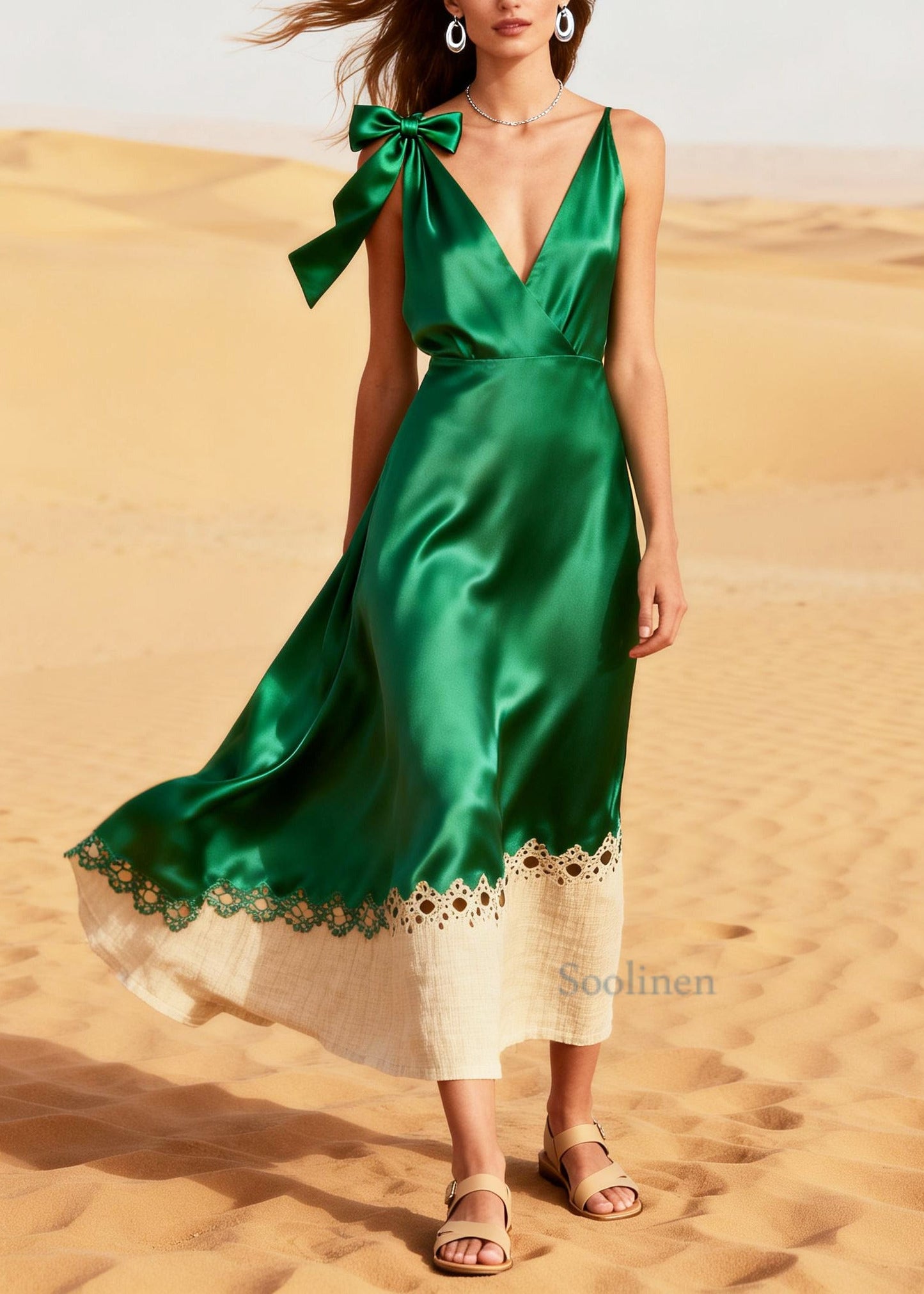 Fine Green Hollow Out Patchwork Silk Party Dress Summer