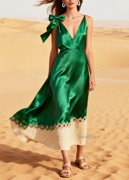 Fine Green Hollow Out Patchwork Silk Party Dress Summer