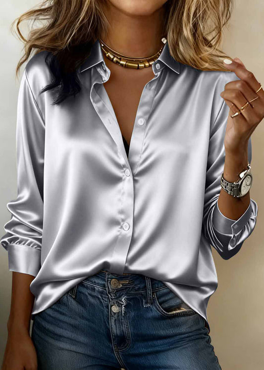 Fine Green Peter Pan Collar Button Satin Shirts Long Sleeve