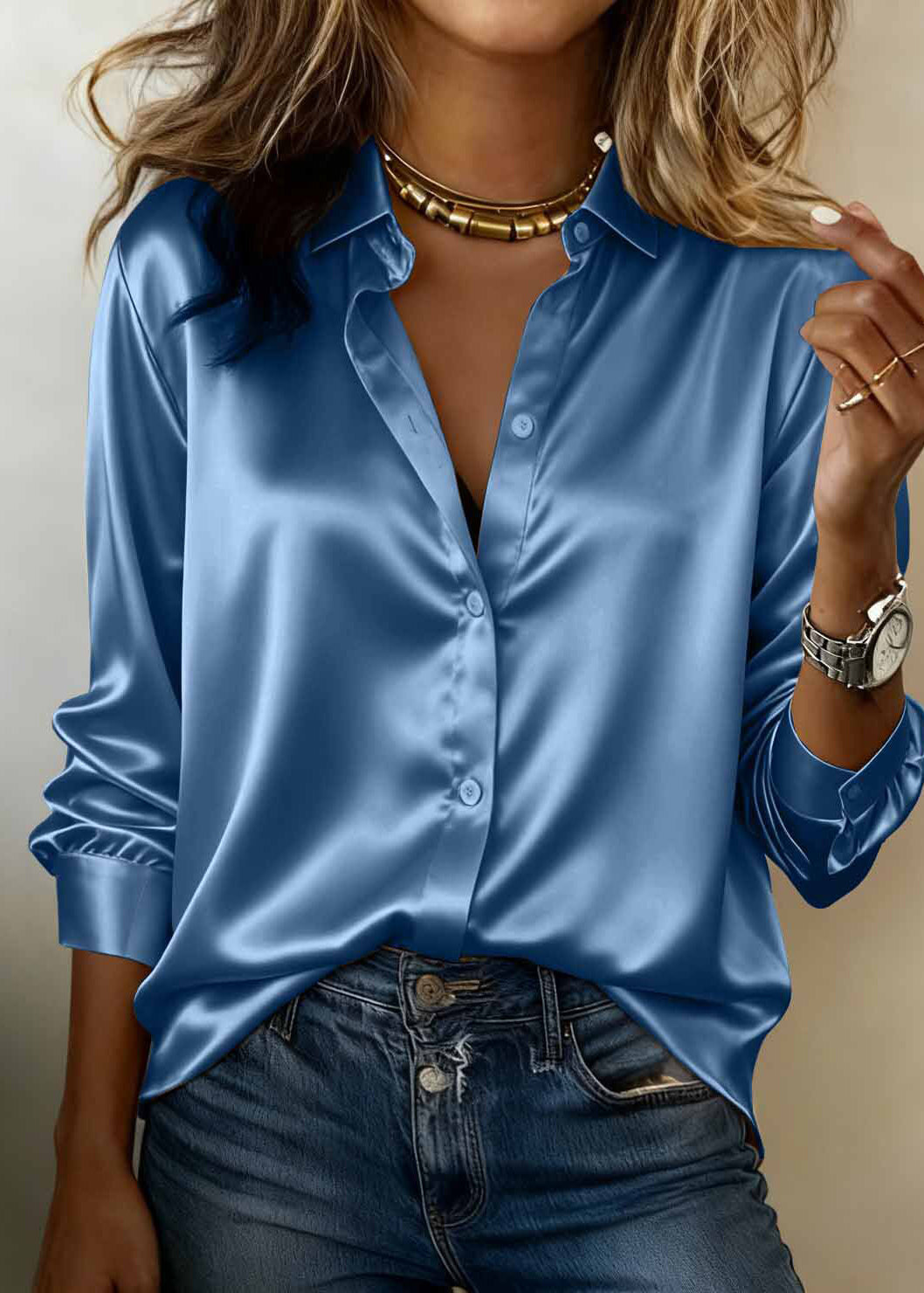 Fine Green Peter Pan Collar Button Satin Shirts Long Sleeve