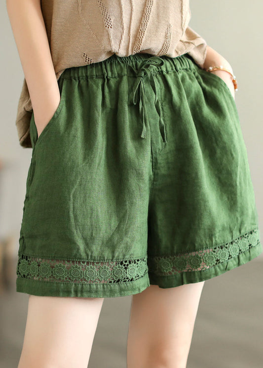 Feine grüne Taschen geraffte Spitze Patchwork Leinen Shorts Sommer