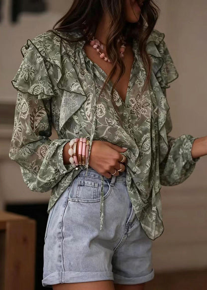 Fine Green Print Ruffled Lace Up Shirt Top Long Sleeve