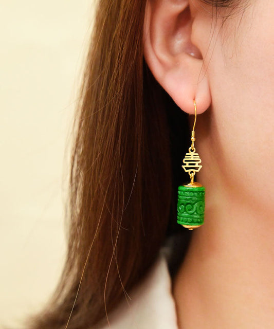 Feine grüne Sterling Silber Overgild Dry Green Jade Tropfen Ohrringe