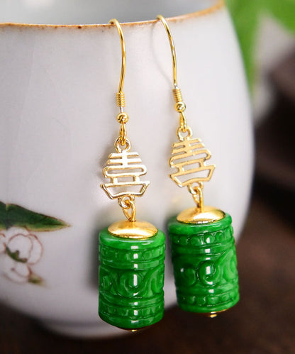 Feine grüne Sterling Silber Overgild Dry Green Jade Tropfen Ohrringe