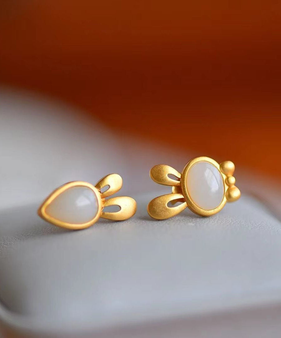 Feine grüne Strerling Silber Overgild Jade Kleine Kaninchen und Karotten Ohrstecker