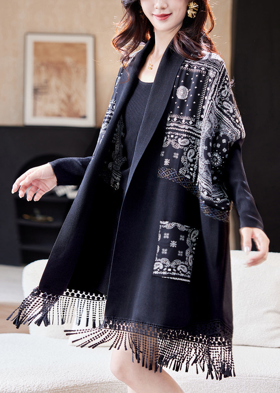 Fine Green Tasseled Print Patchwork Knit Cardigan Batwing Sleeve