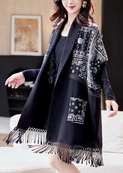 Fine Green Tasseled Print Patchwork Knit Cardigan Batwing Sleeve