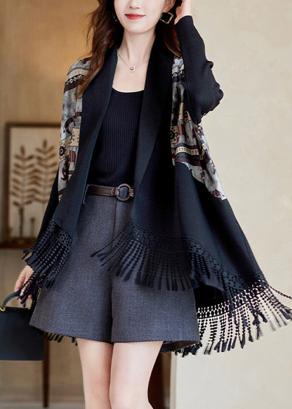 Fine Green Tasseled Print Patchwork Knit Cardigan Batwing Sleeve