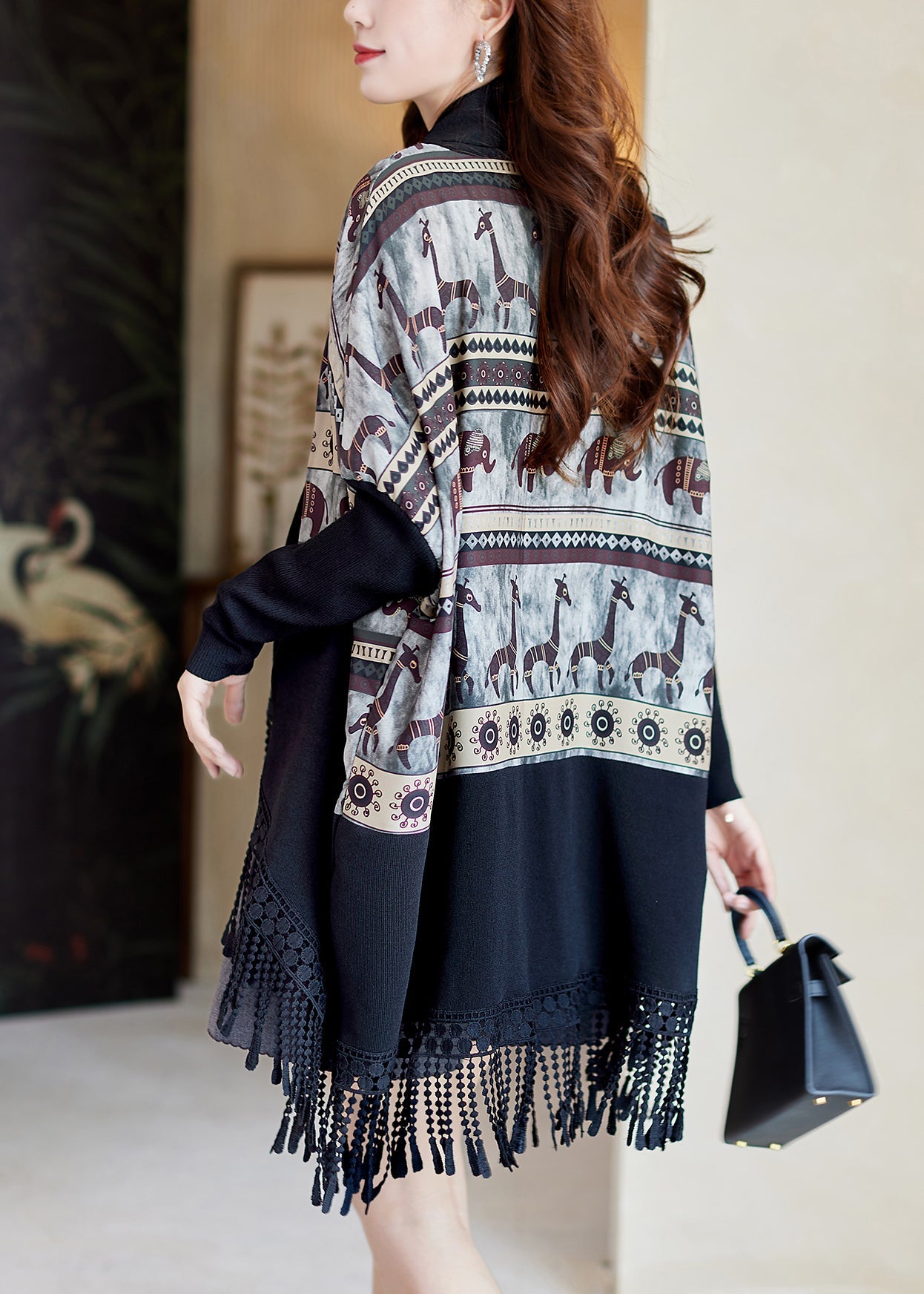 Fine Green Tasseled Print Patchwork Knit Cardigan Batwing Sleeve
