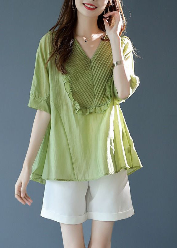 Fine Green V Neck Ruffled Patchwork Cotton Blouses Summer