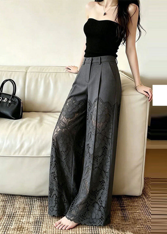 Fine Grey High Waist Patchwork Lace Pants Summer