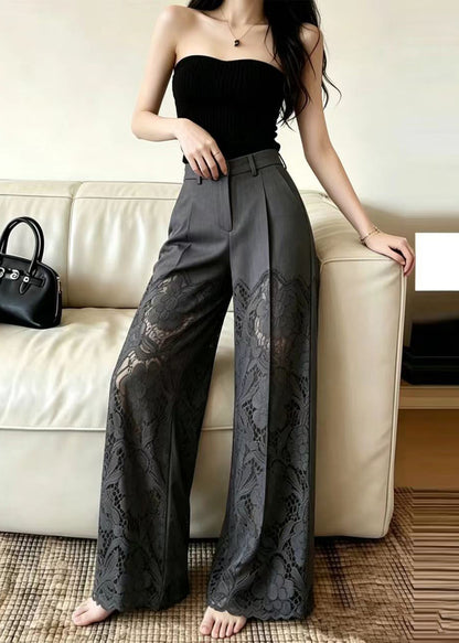 Fine Grey High Waist Patchwork Lace Pants Summer