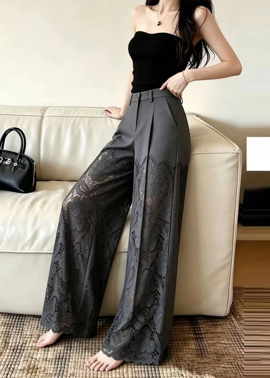 Fine Grey High Waist Patchwork Lace Pants Summer