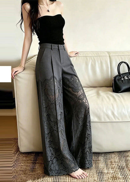 Fine Grey High Waist Patchwork Lace Pants Summer