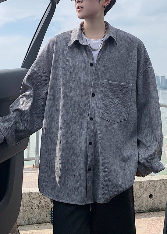 Fine Grey Oversized Wrinkled Cotton Tour Shirts Mens Fall