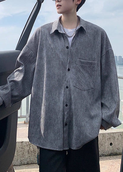 Fine Grey Oversized Wrinkled Cotton Tour Shirts Mens Fall