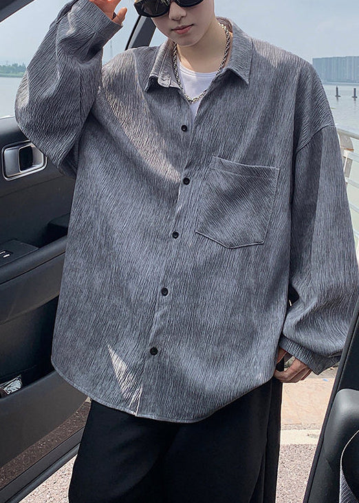 Fine Grey Oversized Wrinkled Cotton Tour Shirts Mens Fall