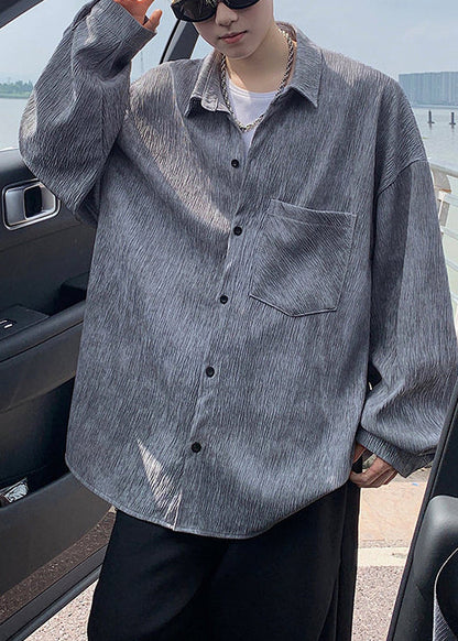 Fine Grey Oversized Wrinkled Cotton Tour Shirts Mens Fall