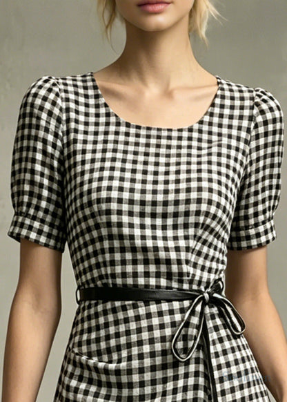 Fine Grey Plaid Tie Waist Cotton Day Dress Summer