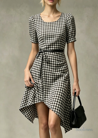 Fine Grey Plaid Tie Waist Cotton Day Dress Summer