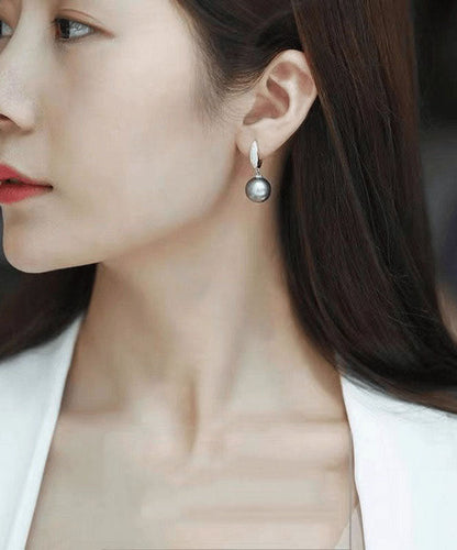 Pendientes colgantes de perla y circonita de plata de ley gris fina