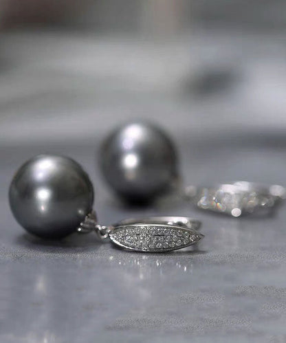 Pendientes colgantes de perla y circonita de plata de ley gris fina