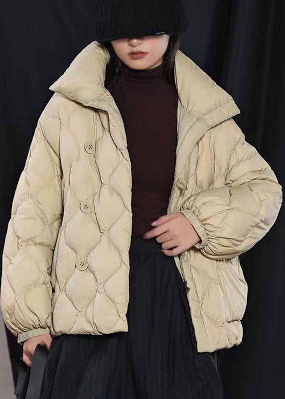 Feiner Khaki-Winter-Puffermantel mit lockerem Stehkragen und Taschen