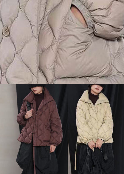 Feiner Khaki-Winter-Puffermantel mit lockerem Stehkragen und Taschen