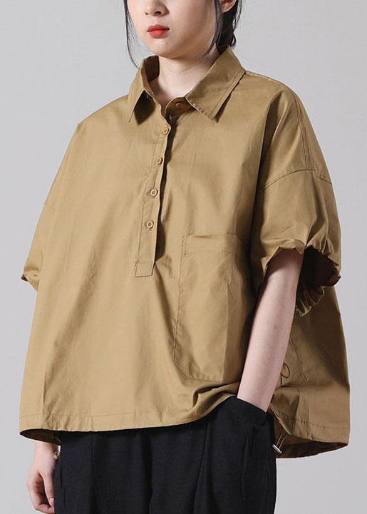 Fine Khaki Pockets Cotton Tops Short Sleeve - SooLinen