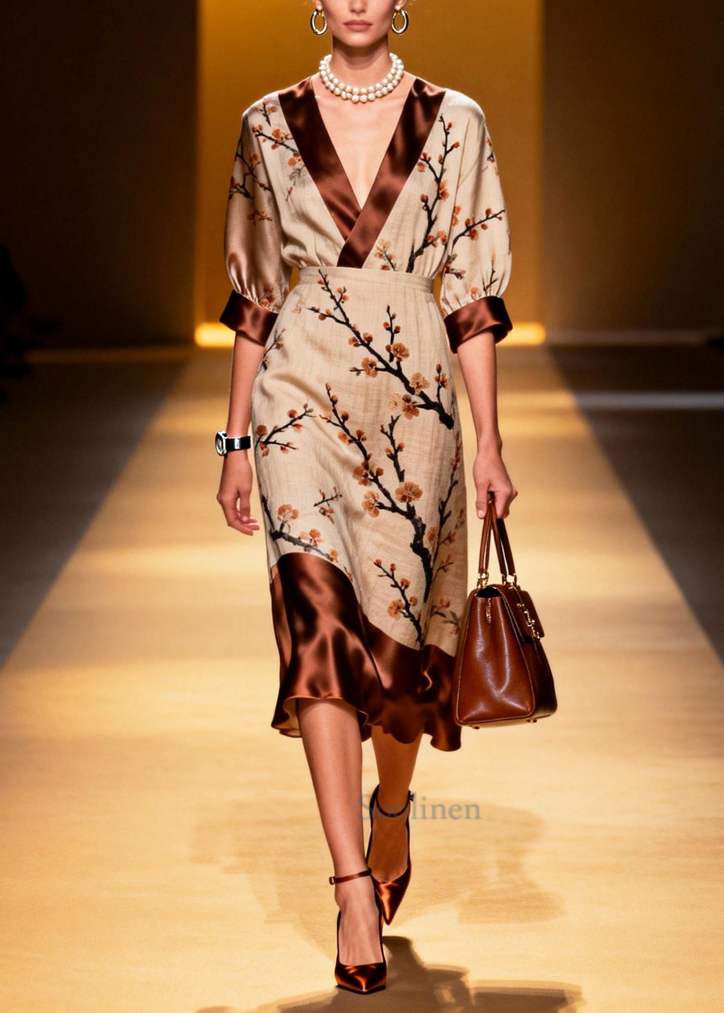 Fine Khaki Print Patchwork Linen Silk Long Dress Summer