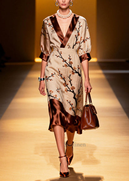 Fine Khaki Print Patchwork Linen Silk Long Dress Summer