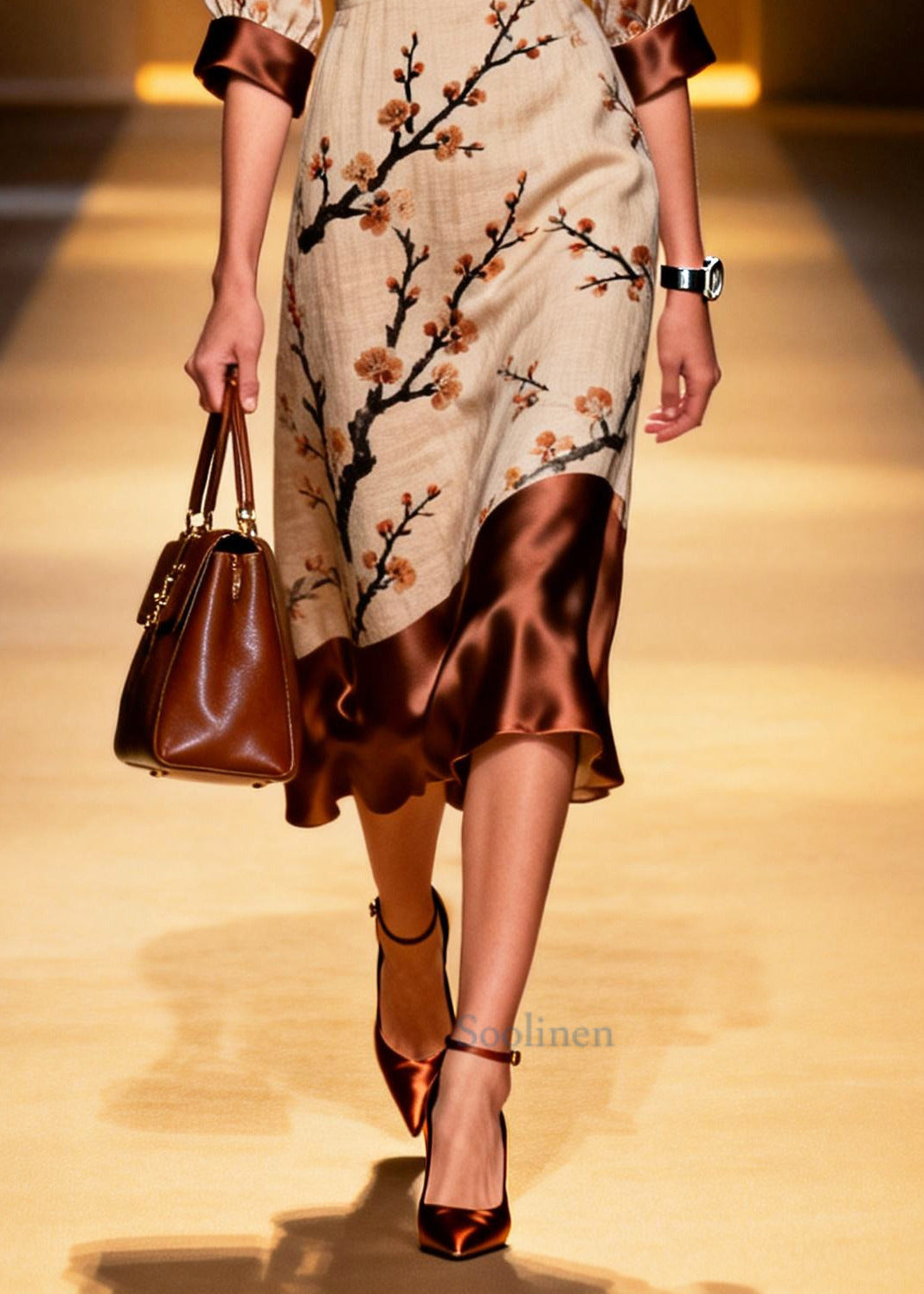 Fine Khaki Print Patchwork Linen Silk Long Dress Summer