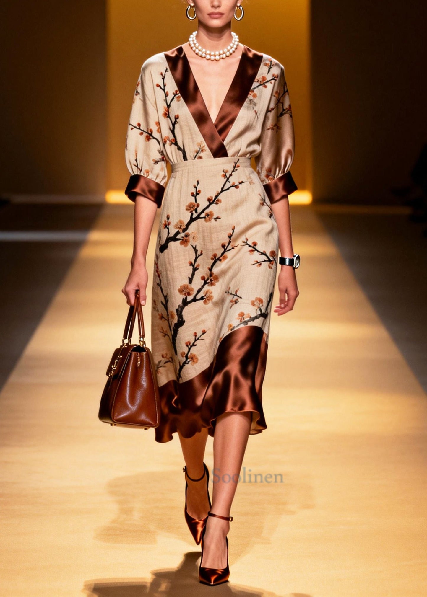 Fine Khaki Print Patchwork Linen Silk Long Dress Summer