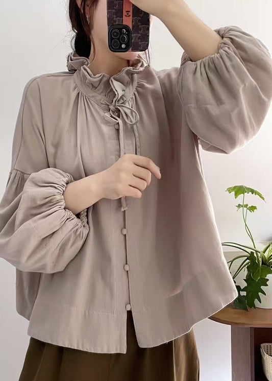 Fine Khaki Ruffled Cotton Blouses Lantern Sleeve