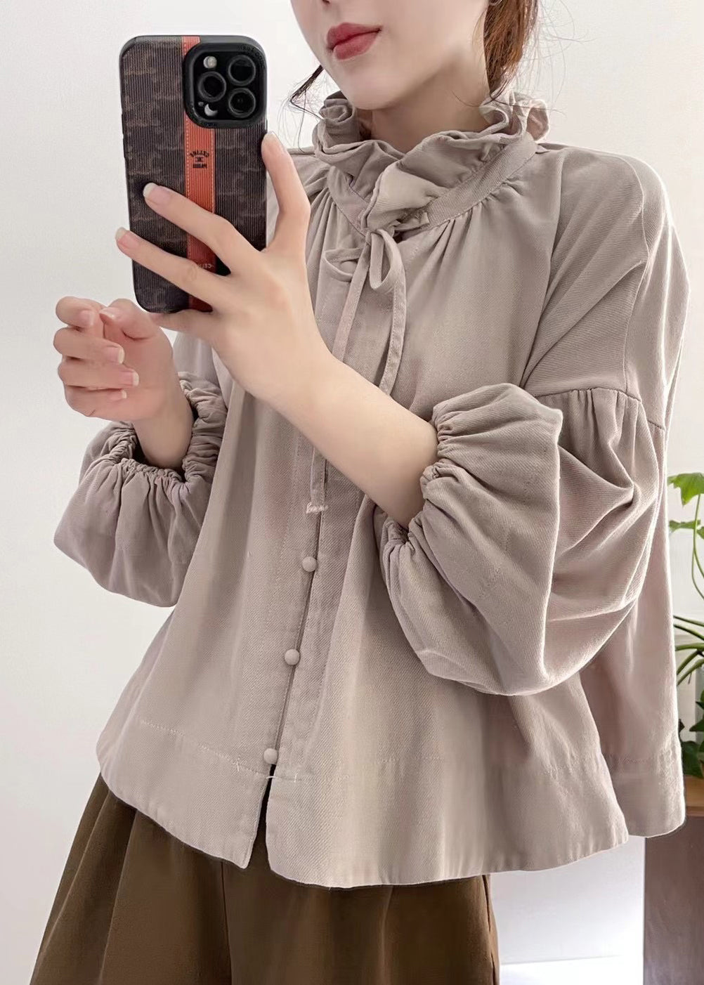 Fine Khaki Ruffled Cotton Blouses Lantern Sleeve