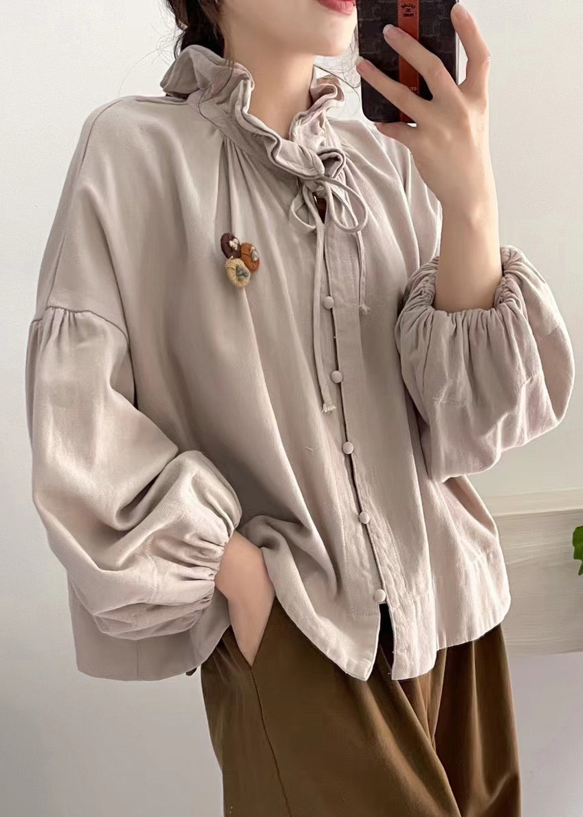 Fine Khaki Ruffled Cotton Blouses Lantern Sleeve