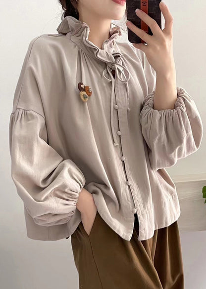Fine Khaki Ruffled Cotton Blouses Lantern Sleeve