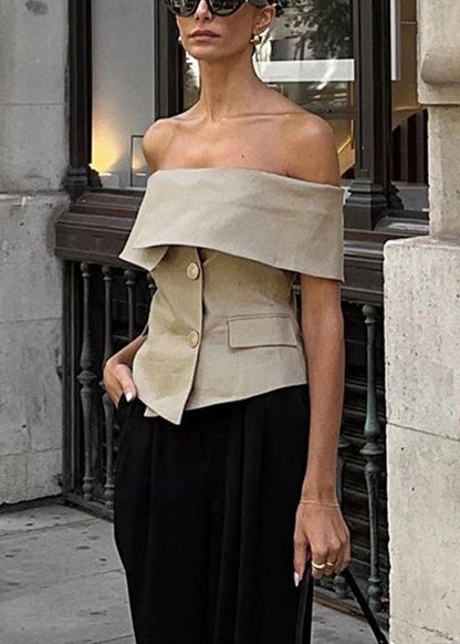 Fine Khaki Slash Neck Button Spandex Tops Summer