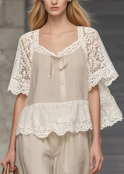 Fine Khaki Square Collar Lace Patchwork Hollow Out Two Pieces Set Summer