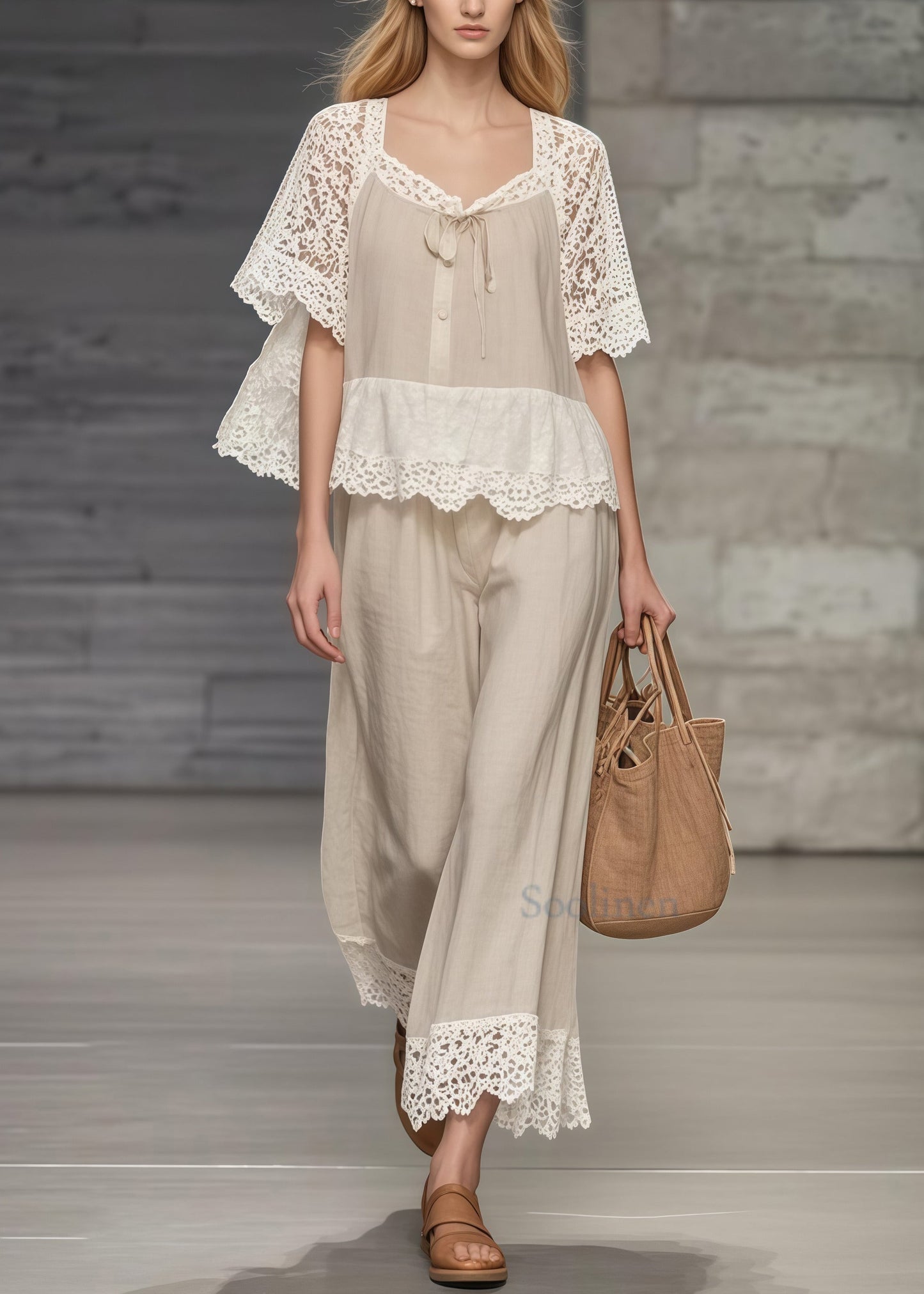 Fine Khaki Square Collar Lace Patchwork Hollow Out Two Pieces Set Summer