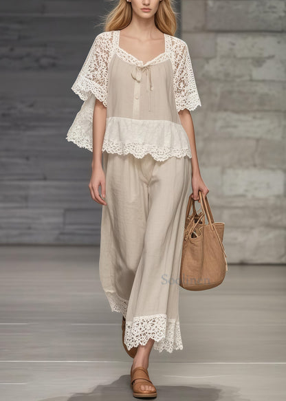 Fine Khaki Square Collar Lace Patchwork Hollow Out Two Pieces Set Summer
