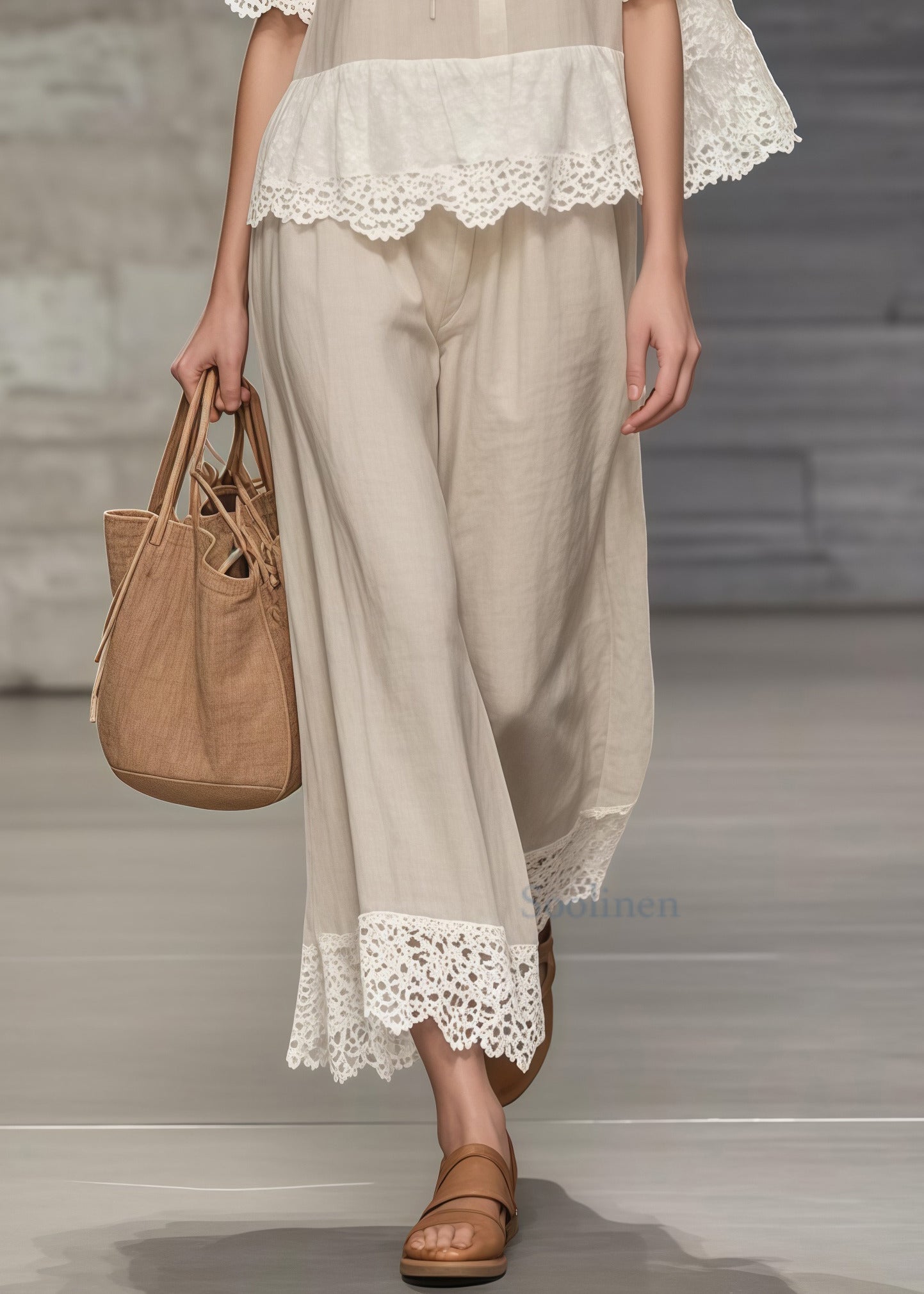 Fine Khaki Square Collar Lace Patchwork Hollow Out Two Pieces Set Summer